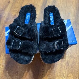 Black Fuzzy Slide Sandals with Buckles